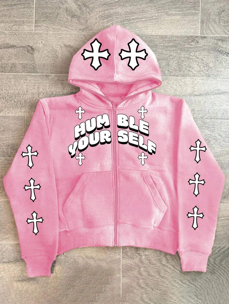 Manfinity EMRG Áo thun nam in chữ Zip Up có mũ trùm đầu - Hồng - Xem 1