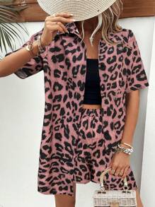 EMERY ROSE Bộ 2 chiếc áo cardigan ngắn tay và quần short lưng thun in họa tiết da báo cho nữ - Bụi hồng - Xem 3