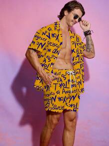 Surfspeed 2pcs Men's All-Over Print Button Front Short Sleeve Shirt & Drawstring Waist Pocket Shorts Beach Outfit - Multicolor - View 5