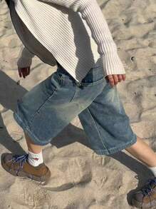 Quần Bermuda ống loe dáng lửng kiểu vintage Y2K với túi chéo, họa tiết râu mèo, quần short denim dài đến đầu gối, quần capri casual mùa hè. - Màu xanh lam - Xem 2