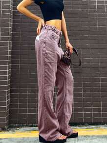 Pantalones vaqueros con estampado de estrellas desteñidas de estilo de bloque de color, lavados - Rosa - Ver 4