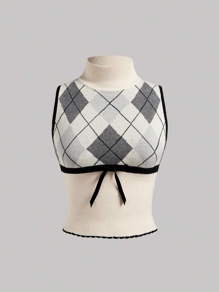SHEIN MOD チェック柄 スタンドカラートップス、バックトゥースクール、ウール素材トップス、秋物、可愛いウールベスト - マルチカラー - 見る 1