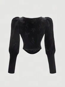 SHEIN MOD Blusa de manga larga ajustada con cuello cuadrado de terciopelo negro con estampado en relieve, ropa, blusa negra, blusas de otoño - Negro - Ver 2