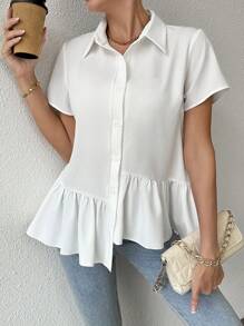 Chiquease Solid Color Asymmetrical Hem Short Sleeve Shirt - White - View 1