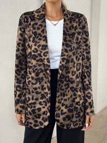 SHEIN Clasi 女士休闲长袖豹纹前开襟西装外套