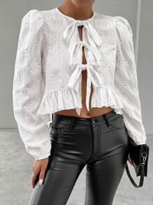 Zolique Camisa de manga larga con lazo en el puño, de patrón sencillo y diario para mujer - Blanco - Ver 5