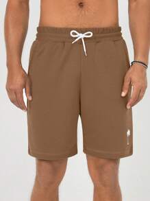 RueChic Men's Palm Tree Printed Drawstring Elastic Waist Loose Shorts, Vacation Style - Camel - View 3