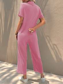 SHEIN LUNE 女士純色簡約風日常連身褲，前拉鍊款式 - 藕粉色 - 查看 2