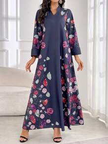 Al Najma Ladies Spring Summer Elegant Flower Print Long Arabian Modest Long Sleeve Dress - Navy Blue - View 4