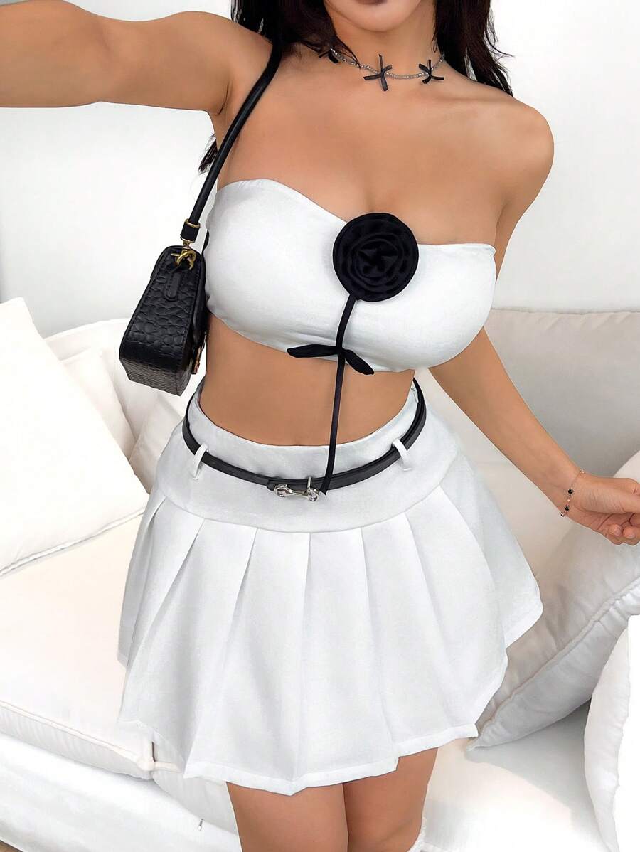SHEIN Unity Women's Fashion Casual Elegant Rose Tube Top & Pleated Skirt Set - White - View 1