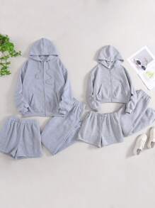 Set sportivo casual in 3 pezzi da ragazza tween per autunno/inverno: felpa con cappuccio in maglia grigia a maniche lunghe, pantaloni della tuta a gamba dritta, in pile spesso