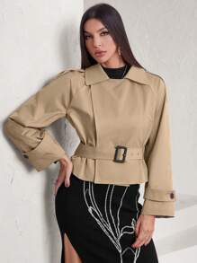 SHEIN Privé Fashionable Casual Box Design Short Trench Coat With Waistbelt Fall Cloth For Women - Khaki - View 5