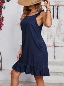 EMERY ROSE Plain Ruched Trim Wide Strap Pleated Simple Denim Dress, Casual Daily Wear - Dark Wash - View 5
