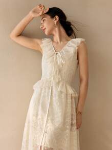 MOTF 女式优雅纯色蕾丝荷叶边下摆夏季连衣裙 - 杏色 - 查看 5