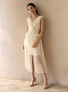 MOTF 女式优雅纯色蕾丝荷叶边下摆夏季连衣裙 - 杏色 - 查看 7