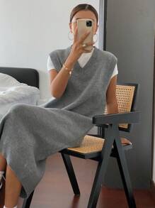 DAZY Women's Solid Color V-Neck Sleeveless Sweater Dress Fall,Winter - Grey - View 5