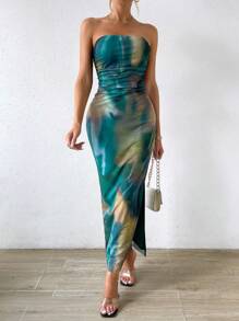 SHEIN PETITE Women's Elegant Tie-Dye Strapless Bodycon Dress Maxi Women Outfit