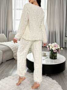 Women's Lace Fleece V-Neck Long Sleeve Top And Straight Casual Pants Pajama Set