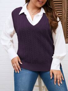 Plus Size V-Neck Sleeveless Simple Knit Top, Multicolor, For Winter - Purple - View 6