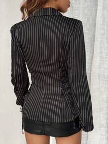 SHEIN EZwear Áo khoác blazer kẻ sọc buộc dây bên hông cho mùa thu/đông - màu đen - Xem 2