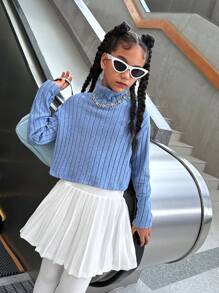 SHEIN Explorewe 2pcs Tween Girls' Knitted Ribbed Turtleneck Long Sleeve Top + Simple Flared Skirt Set - Multicolor - View 6