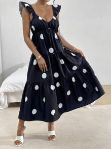 SHEIN Essnce 宽松波点蝴蝶袖中长款细肩带连衣裙，藏青色V领波点细肩带连衣裙，适合夏春两季，女装