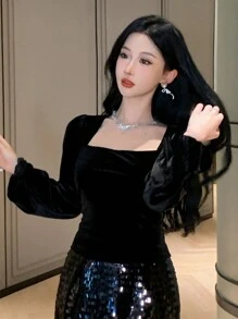 DAZY 女士纯色丝绒方领衬衫，秋季保暖内衬奢华长袖亮片新年嘉年华女装 - 黑色 - 查看 3