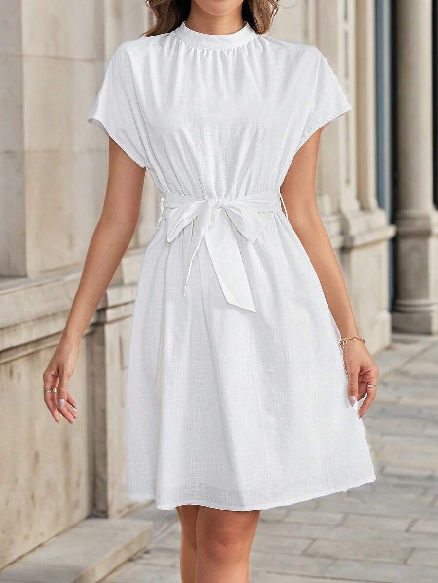 SHEIN Clasi Women's Summer White Elegant Sleeveless High Neck Tie Waist Short Romper Dress,Business Casual Teacher Outfits & Tea Party Clothes - White - View 1