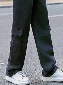 Claim Dot Pantalones vaqueros casuales rectos y sueltos con bolsillos cargo versátiles para hombres - Negro - Ver 8