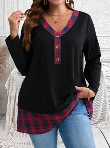 EMERY ROSE Plus Size Plaid Patchwork Front Button V-Neck Long Sleeve Fall Top, Casual Daily Wear - Multicolor - View 1