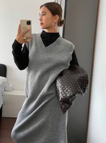 DAZY Women's Solid Color V-Neck Sleeveless Sweater Dress Fall,Winter - Grey - View 3