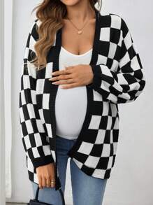 SHEIN Maternity Checkerboard Pattern Casual Knit Cardigan, Long Sleeve, For Winter - Black and White - View 5