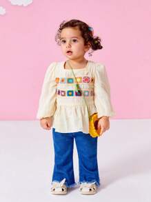 SHEIN 2pcs Baby Girls' Casual Patchwork Knit Sweater Top And Flared Jeans Pants Set, Fall/Winter - Multicolor - View 5