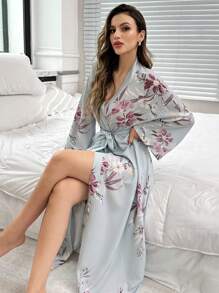 Women's Floral Print Loose Batwing Sleeve Maxi Belted Robe Perfect Summer, Cozy And Elegant Details, Fall & Winter - Multicolor - View 5