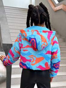 SHEIN Explorewe Tween Girls Colorful Abstract Pattern Hooded Casual Cropped Long Sleeve Thicken Warm Winter Jacket - Multicolor - View 2