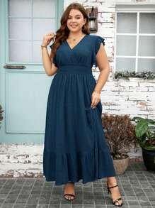 SHEIN Clasi Plus Size Solid V-Neck Ruched Ruffle Hem Minimalist Dress, Casual Holiday - Teal Blue - View 5