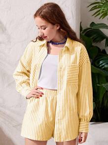 SHEIN Girlism 3 件套青少年女孩编织条纹长袖衬衫、针织吊带背心和短裤度假休闲装套装 - 黃色 - 查看 7