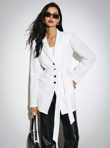 SHEIN Frenchy White Summer Elegant Office Tweed Blazer Jacket,Women's Lace-Up Waist Single-Breasted Grain Velvet Small Lapel Business Casual Workplace Formal Tops - White - View 5