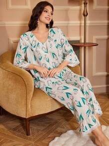 女士花卉印花荷叶边下摆喇叭袖上衣和裤子睡衣套装 - 杏色 - 查看 4