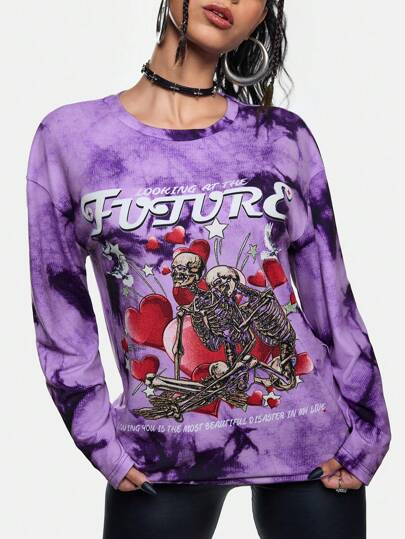 Freeman Studio Maglietta a maniche lunghe, modello oversize con stampa grafica, girocollo, stili casual scuri, streetwear, Y2K, Ognissanti, adatta a vacanze, festival, Ibiza, abbigliamento occidentale per donna