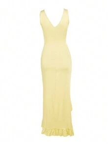 Women's V-Neck Ruffle Hem Slit Elegant Charming Dress - Yellow - View 2