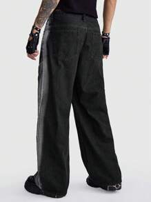 ROMWE MEN ROMWE Avant Men's Casual Letter Print Straight-Leg Washed Baggy Jeans - Black - View 5