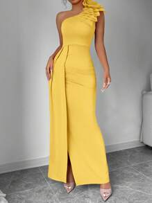 Chiquease Simple Ruched Asymmetrical Neck Slit Dress, Casual & Holiday - Yellow - View 6