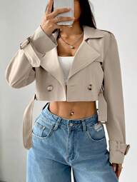 SHEIN EZwear Women's Notched Lapel Button Front Long Sleeve Short Trench Coat, For Daily Casual In Fall/Winter