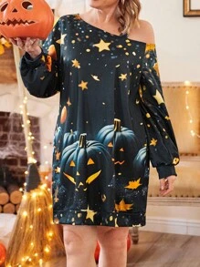 大码不对称领口星星和南瓜印花万圣节连衣裙 - 彩色 - 查看 6