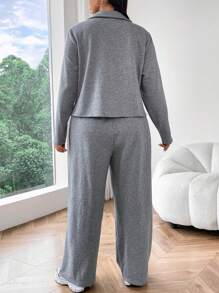 Flirla 2 件大码休闲纯色保暖内衬上衣和裤子套装，秋冬