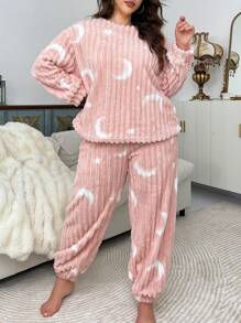 Plus Size Casual Moon & Star Print Plush Warm Fluffy Pajama Set, Fall Winter Clothes, Cozy - Pink - View 3