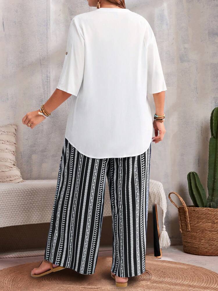 Plus Size Women Casual Solid Color Top & Printed Pants 2 Pieces Set