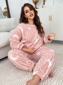 Plus Size Casual Moon & Star Print Plush Warm Fluffy Pajama Set, Fall Winter Clothes, Cozy - Pink - View 4