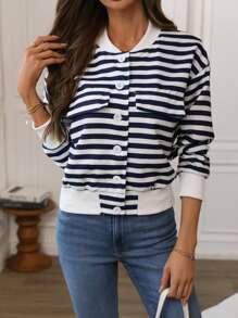 Chiquease Navy Style Blue & White Striped Casual Front Button Long Sleeve Baseball Jacket Fall Cloth For Women - Blue - View 1